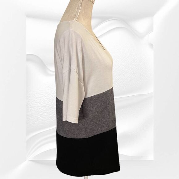 Shein 3 Tone Medium Wide Stripe V Neck Tee, Black White Gray - Picture 3 of 4